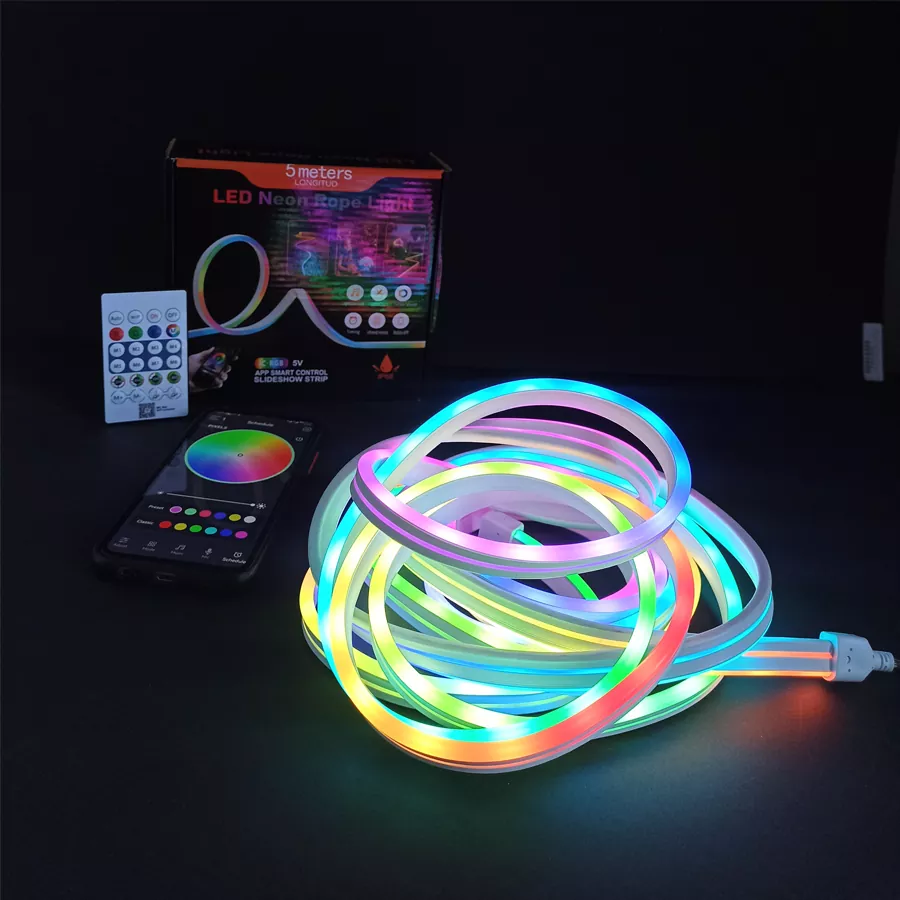 ریسه نئون فلكسی RGB اسمارت 5 متری ip68 ریسه نئون فلكسی RGB اسمارت 5 متری ip68
